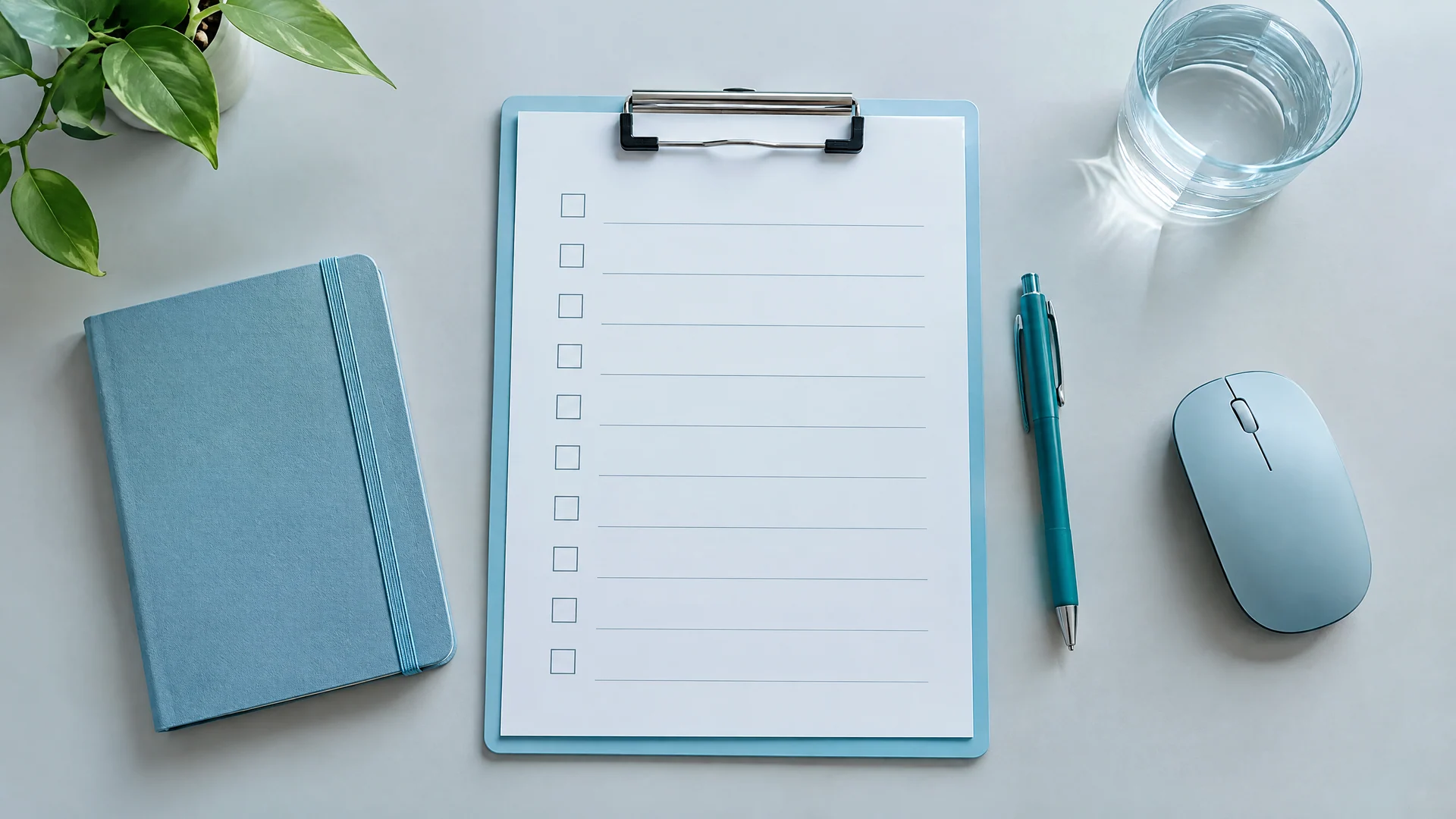 Blank checklist on a clipboard beside a notebook, pen and mouse