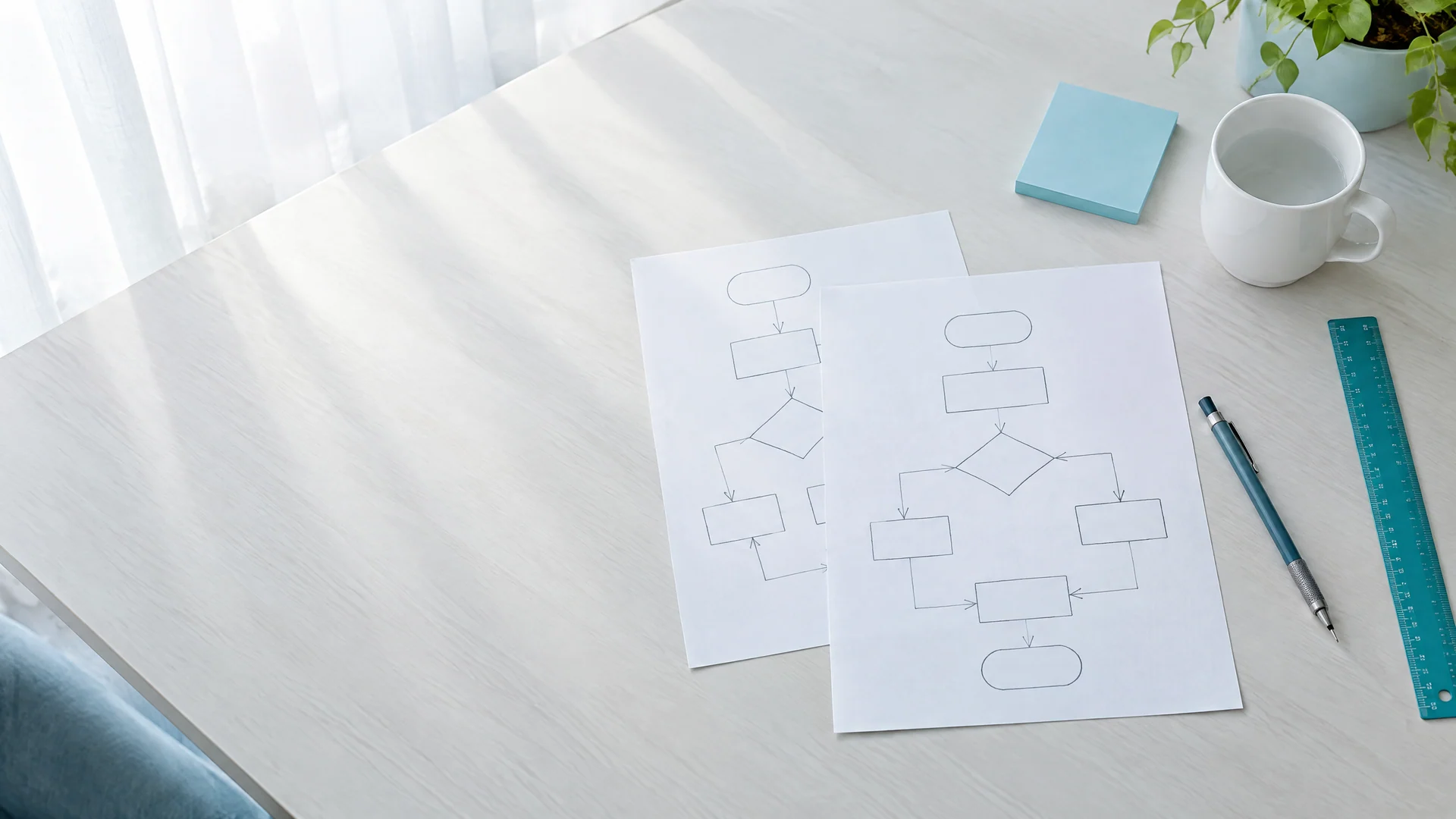 Two printed flowchart sheets on a light desk beside a pencil and ruler